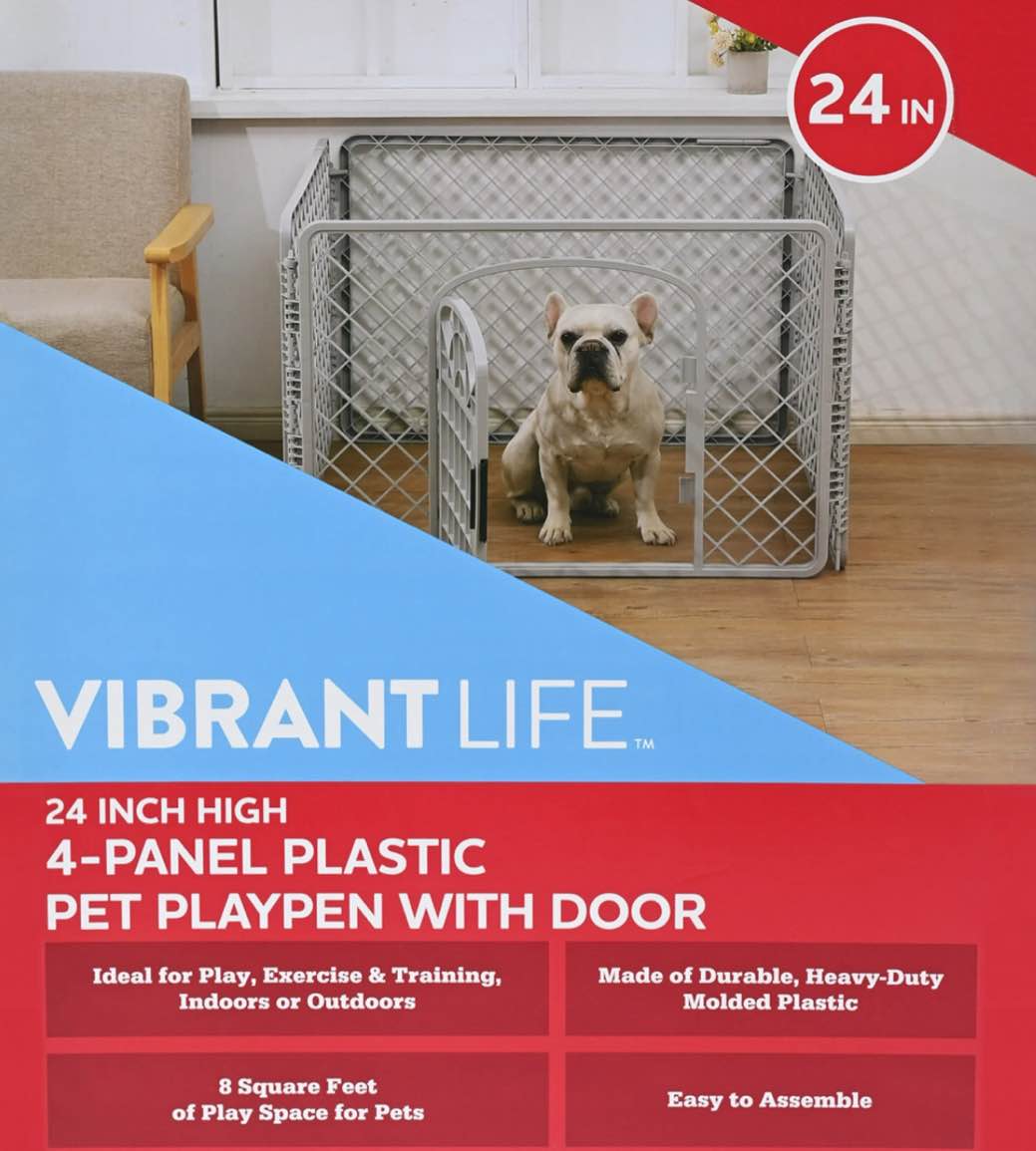Vibrant Life 4-Panel Pet Playpen, 24”H Dog Fence with Door for Indoor and Outdoor Use