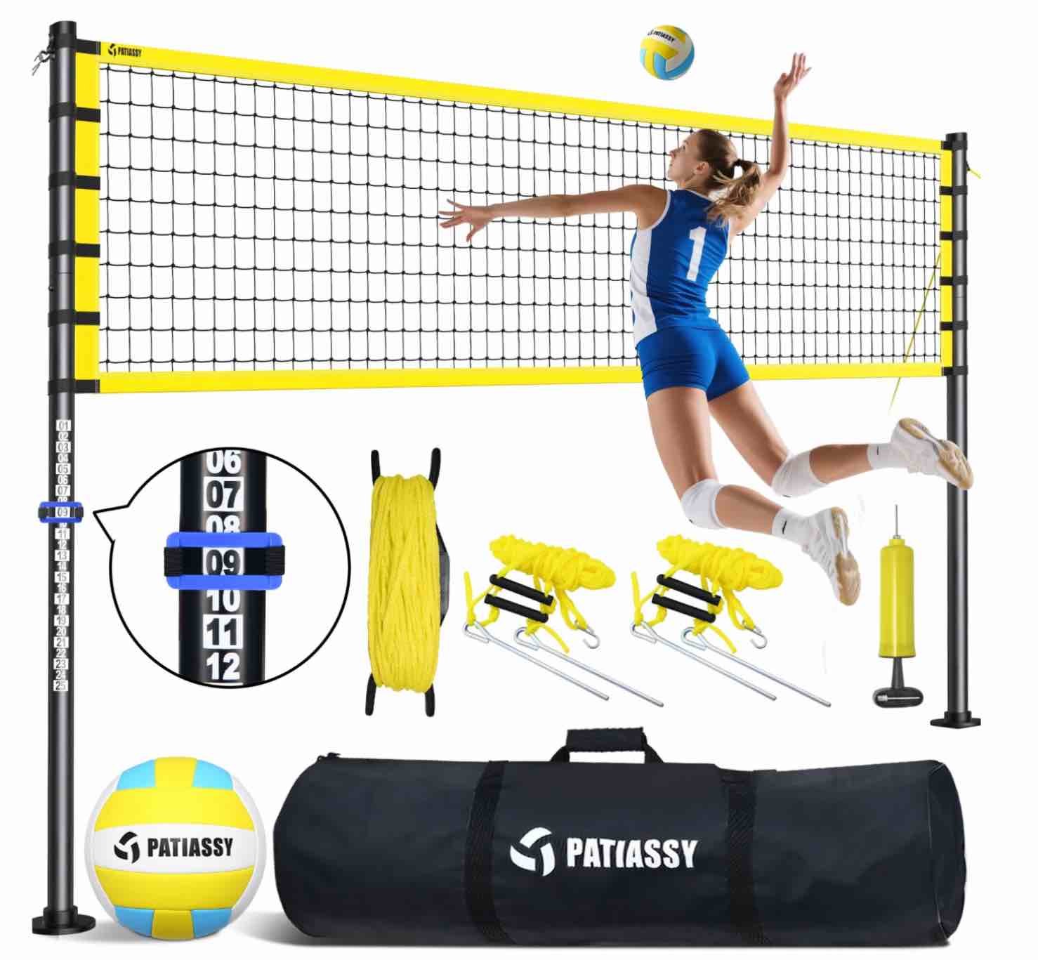 patiassy 32ft outdoor portable volleyball net set system - adjustable height steel poles, pu volleyball with pump and carrying bag for beach backyard