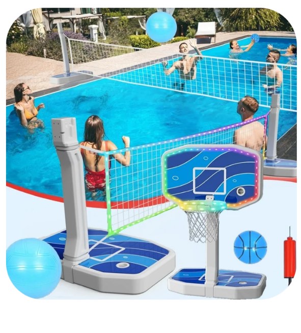 Skyhot 2-in-1 LED Pool Volleyball & Basketball Game Set, Light Up Pool Sport Combo Set with LED Rim/2 Balls/2 Base/Pump, Ground Swimming Pool Toy Summer Party Games for Adults & Family