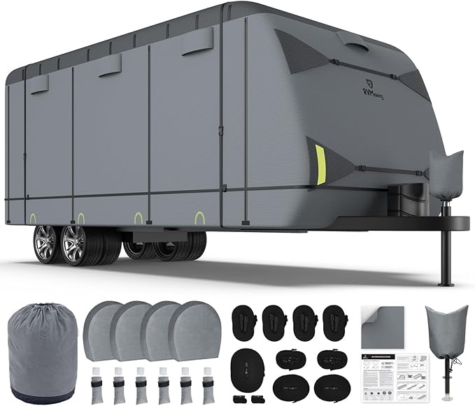7 Layers Top Heavy Duty RV Travel Trailer Cover for 28'7"-31'6", Windproof Rip-Stop Anti-UV RV Cover with 4 Tire Cover & Tongue Jack Cover, Dark Gray