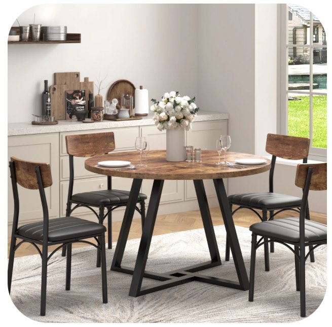 Anyact Dining Chair Set of 4, PU Leather Dining Room Chairs, Rustic Kitchen Armless Side Chair with Iron Legs, Walnut