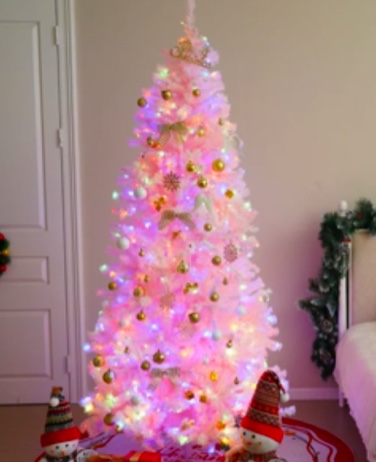 BSHAPPLUS® 7.5ft Pre-Lit Christmas Tree,Hinged Artificial Christmas Pine Tree,Pink Christmas Tree with 1600 Branch Tips,600 Bulbs,Warm or Multicolor Light Modes,Foldable Metal Base