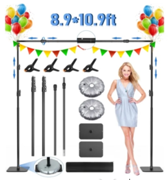 RELOIVE Heavy Duty Background Stand 8.9x10.9 ft ,Adjustable Photo Backdrop Support System Kit with Steel Base with Water Weight Bags for Photography,Birthday Parties Video Studio - Black