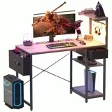 Eunon 44 inch Gaming Computer Desk with LED Lights, Reversible 4 Tier Storage Shelves & Drawer,Grey Oak