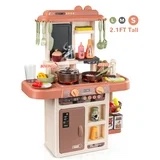 Wisairt Play Kitchen Set for Kids, 2.1FT Tall Toy Play Kitchen w/ Realistic Lights Sounds Simulation Spray for Toddlers Girls Boys Gift 42Pcs - Small (Orange Red 18x8.6x24.8in)
