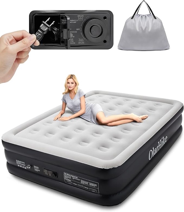 OlarHike Inflatable Queen Air Mattress with Built in Pump,18" Elevated Durable Mattresses for Camping,Home&Guests,Fast&Easy Inflation/Deflation Airbed,Black Double Blow up Bed,Travel Cushion,Indoor