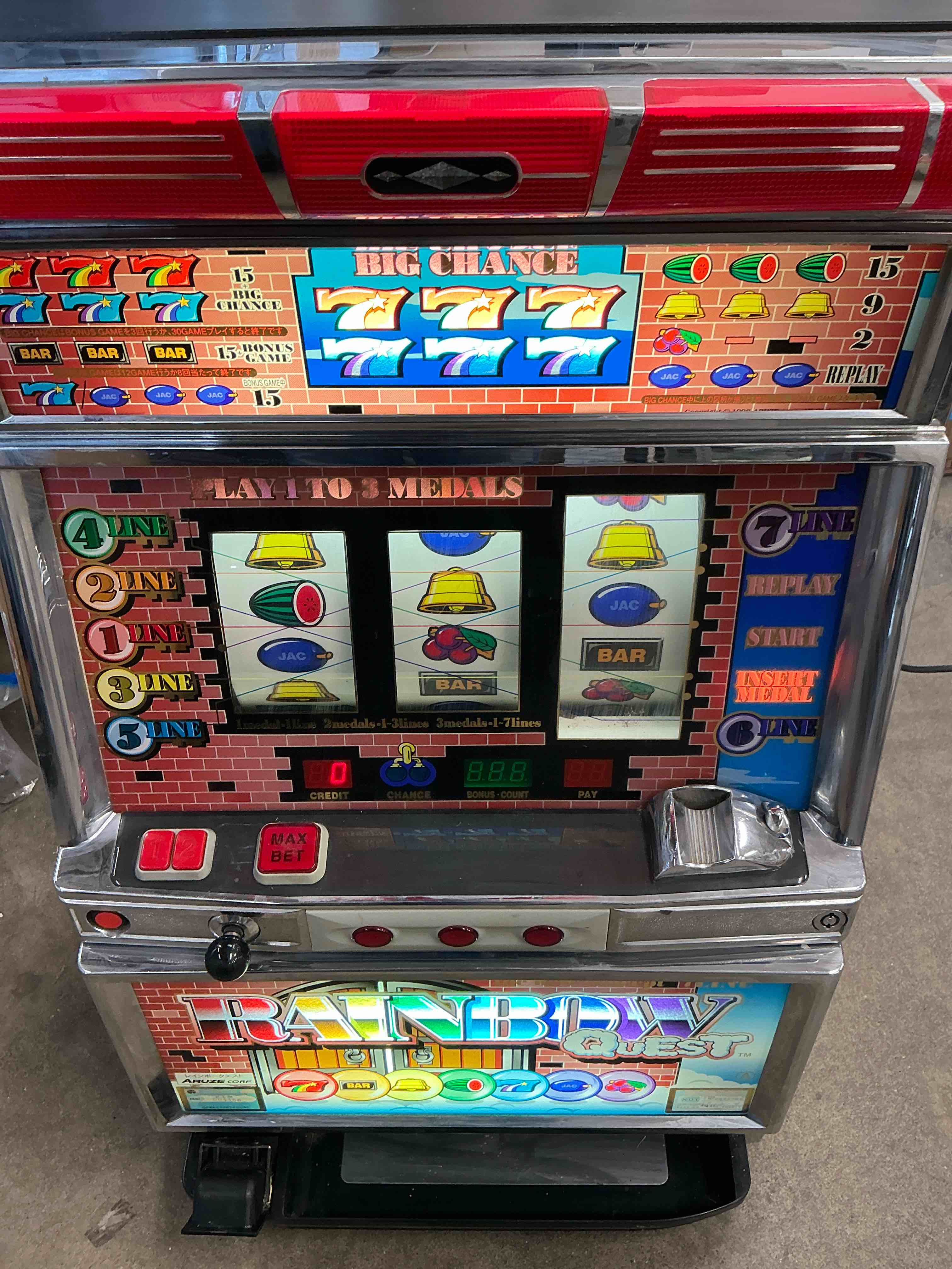 RAINBOW QUEST PACHISLO SLOT MACHINE. Direct from Japan’s Gambling Parlors in Tokyo. Please call first for inventory selection. Thank you! Plays and pays out like a slot machine but cost much less. Machine comes with great sound effects, very colorful, lights up, has a five-line payout and comes with a three skill-stop reel feature. A great idea for family use because it works on token play. In great working condition. Size 18.5? wide; 32? high; 14? deep and weighs 