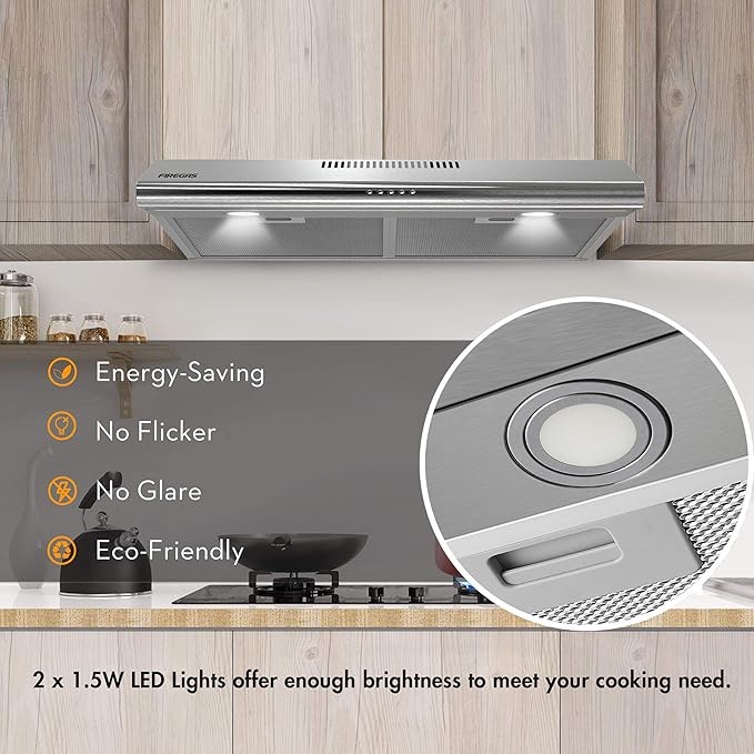 FIREGAS 30 inch Under Cabinet Range Hood with Ducted / Ductless Convertible Slim Kitchen over Stove Vent  3 Speed Exhaust Fan  Reusable Filter  LED Lights in Stainless Steel