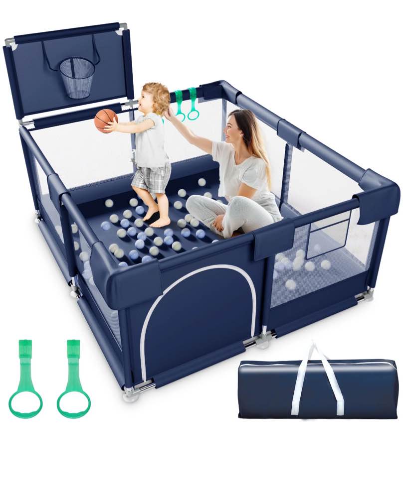 TEAYINGDE Baby Playpen, Play Yard, Baby Playards, 50"x50" Infant Travel Fence with Basket, Blue
