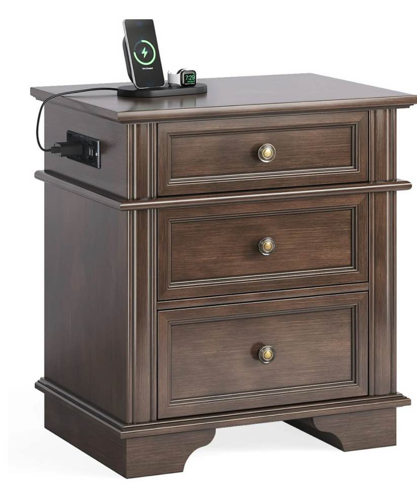Ktaxon Wooden Nightstand with Outlets & USB Ports, 3 Drawer Traditional Cottage Bedside Table, Brown