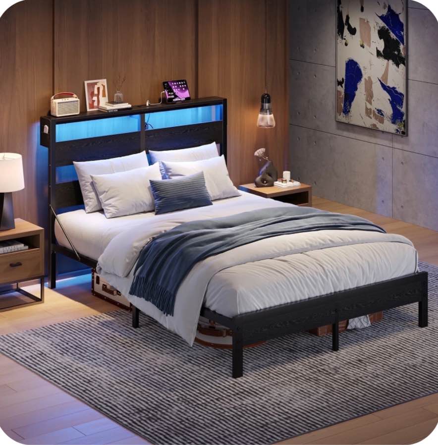 Bestier Queen Size Platform Bed Frame with Storage Headboard, LED Lights & USB Charging Station, Metal Bed Frame Black