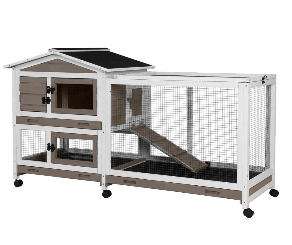 Aivituvin Rabbit Hutch Wooden Bunny Cage Indoor Outdoor Guinea Pig Cage on Wheels Large