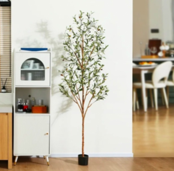 7 ft Artificial Olive Plants with Realistic Leaves and Natural Trunk, Silk Fake Potted Tree with Wood Branches and Fruits, Faux Olive Tree for Office Home Decor