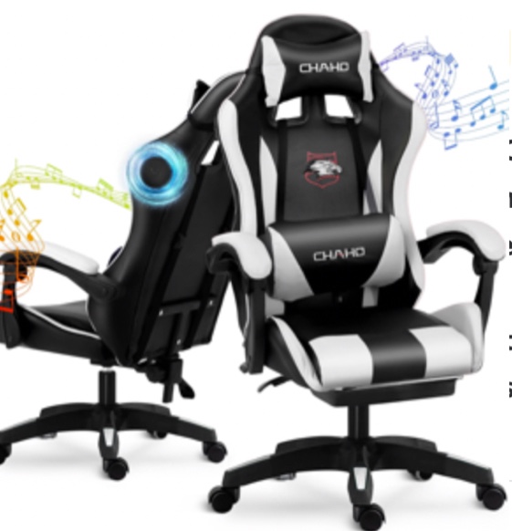 Gaming Chair, CHAHO Ergonomic Office Gaming Chair Computer Racing Chair with Footrest Lumbar Support Headrest and Bluetooth Speakers for adults, White