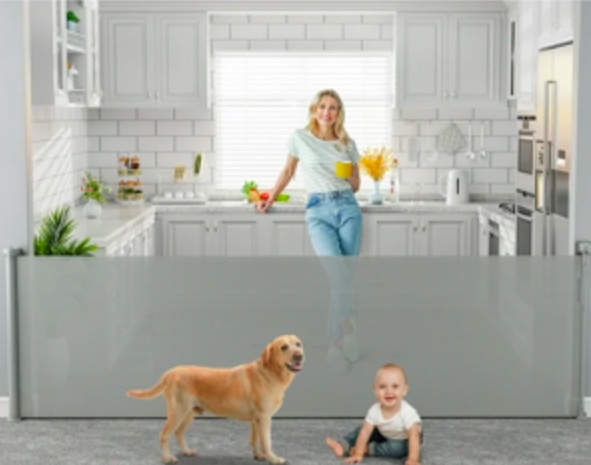118 inch Retractable Baby Gates Extra Wide for Large Opening DynaBliss Retractable Baby Gate for Stairs Doorway Extra Long Dog Gate Adjustable Large Pet Gates for Dogs Indoor Mesh Child Gate (Gray)