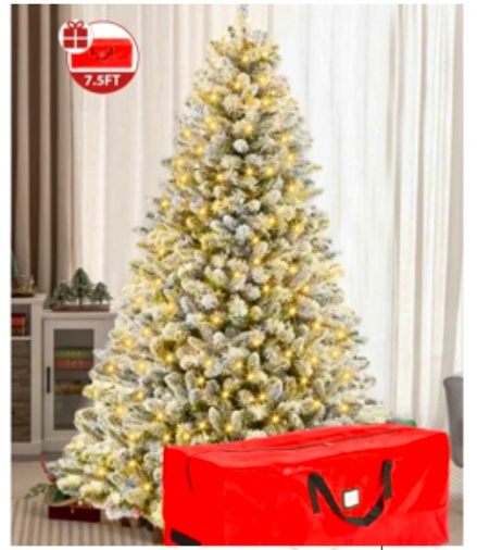 IZNEN 7.5ft Prelit Snow Flocked Christmas Tree,Artificial White Xmas Tree with Large Storage Bag 8 Modes LED Lights