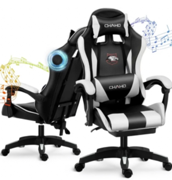 Gaming Chair, CHAHO Ergonomic Office Gaming Chair Computer Racing Chair with Footrest Lumbar Support Headrest and Bluetooth Speakers for adults, White