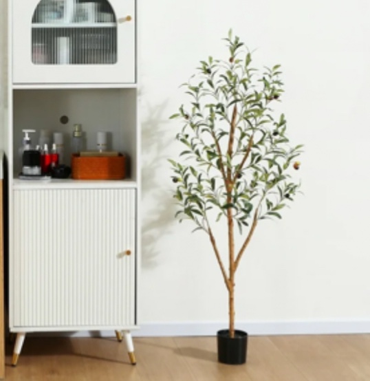 4 ft Artificial Olive Plants with Realistic Leaves and Natural Trunk, Silk Fake Potted Tree with Wood Branches and Fruits, Faux Olive Tree for Office Home