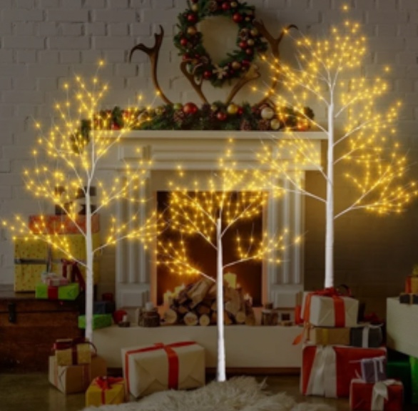3-Pieces Lighted Birch Trees Sets, SEGMART 6FT+5FT+4FT White Pre-lit Christmas Trees with 650 LED, Stand and Timer, Artificial Christmas Decorations for Festival, Party