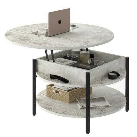 GUNAITO Round Lift Top Coffee Table with Storage Farmhouse Circle Table with Hidden Compartment Large 2 Tier Modern Center Table for Living Room Grey