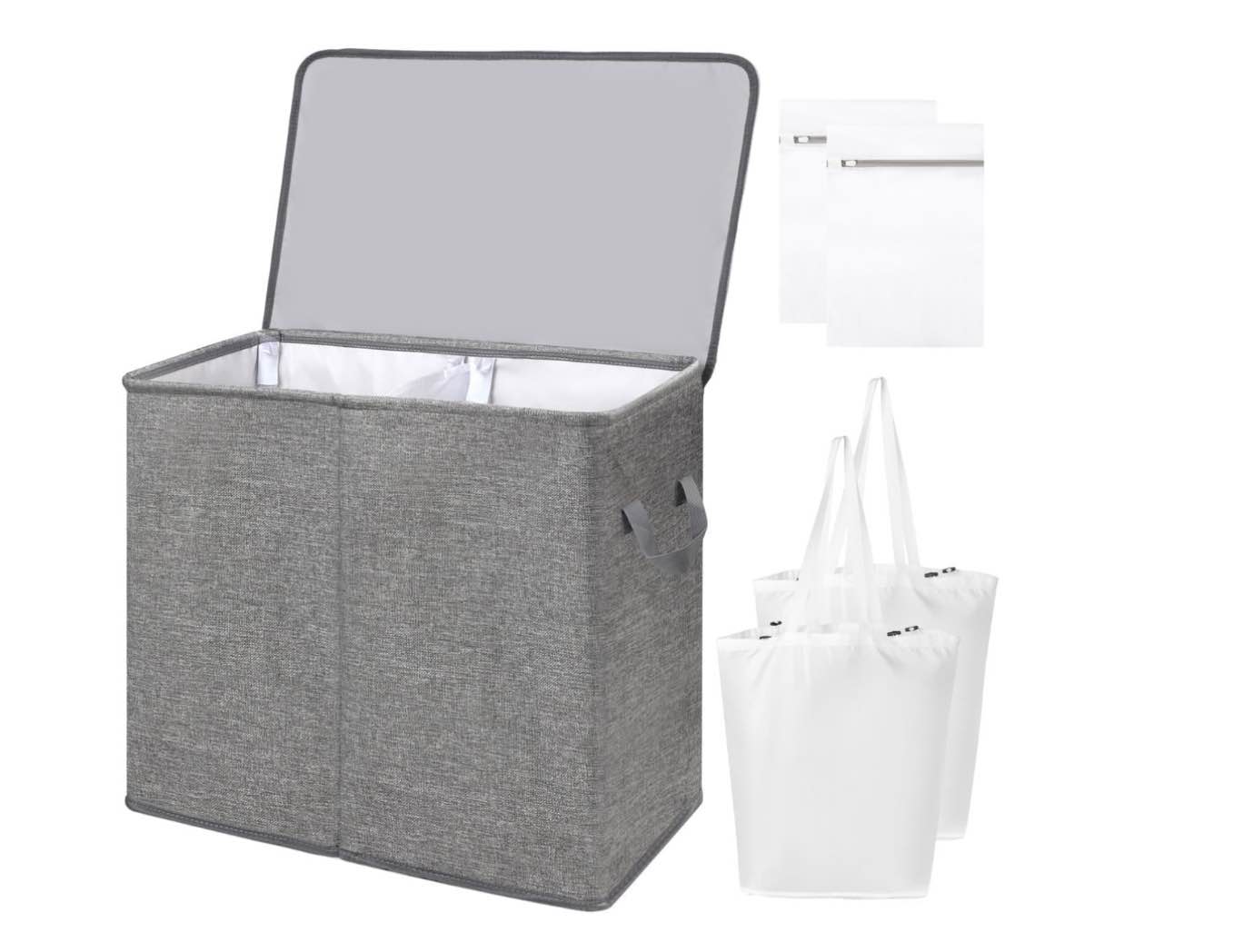 YOUPINS Double Laundry Hamper with Lid and Removable Laundry Bags, Large Collapsible 2 Dividers Dirty Clothes Basket with Handles for Bedroom, Laundry Room, Closet, Bathroom, College, Dark Gray