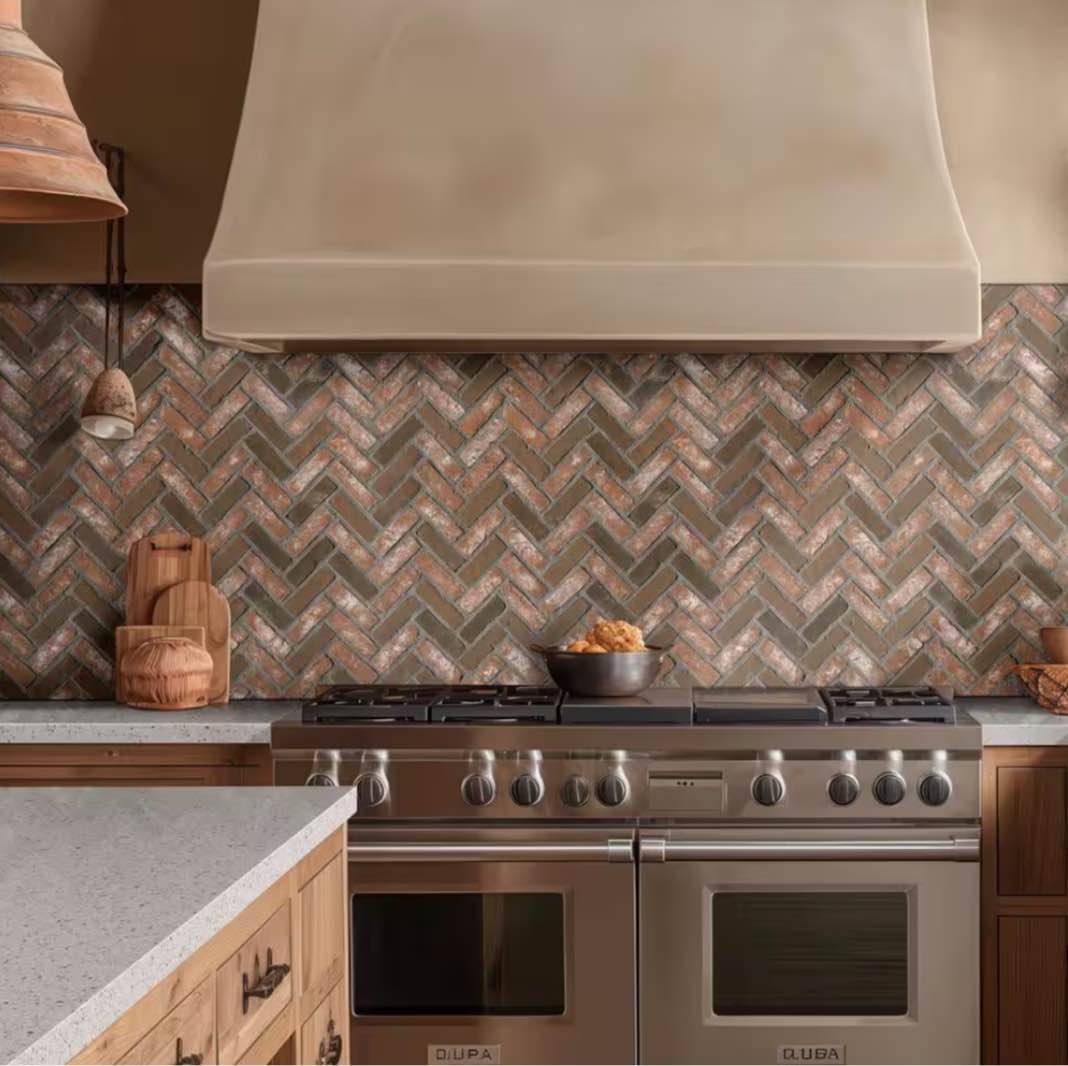 Noble Red Herringbone 12.5 in. x 25.5 in. Clay Brick Mesh-Mounted Mosaic Floor and Wall Tile (8.7 sq. ft./Case)