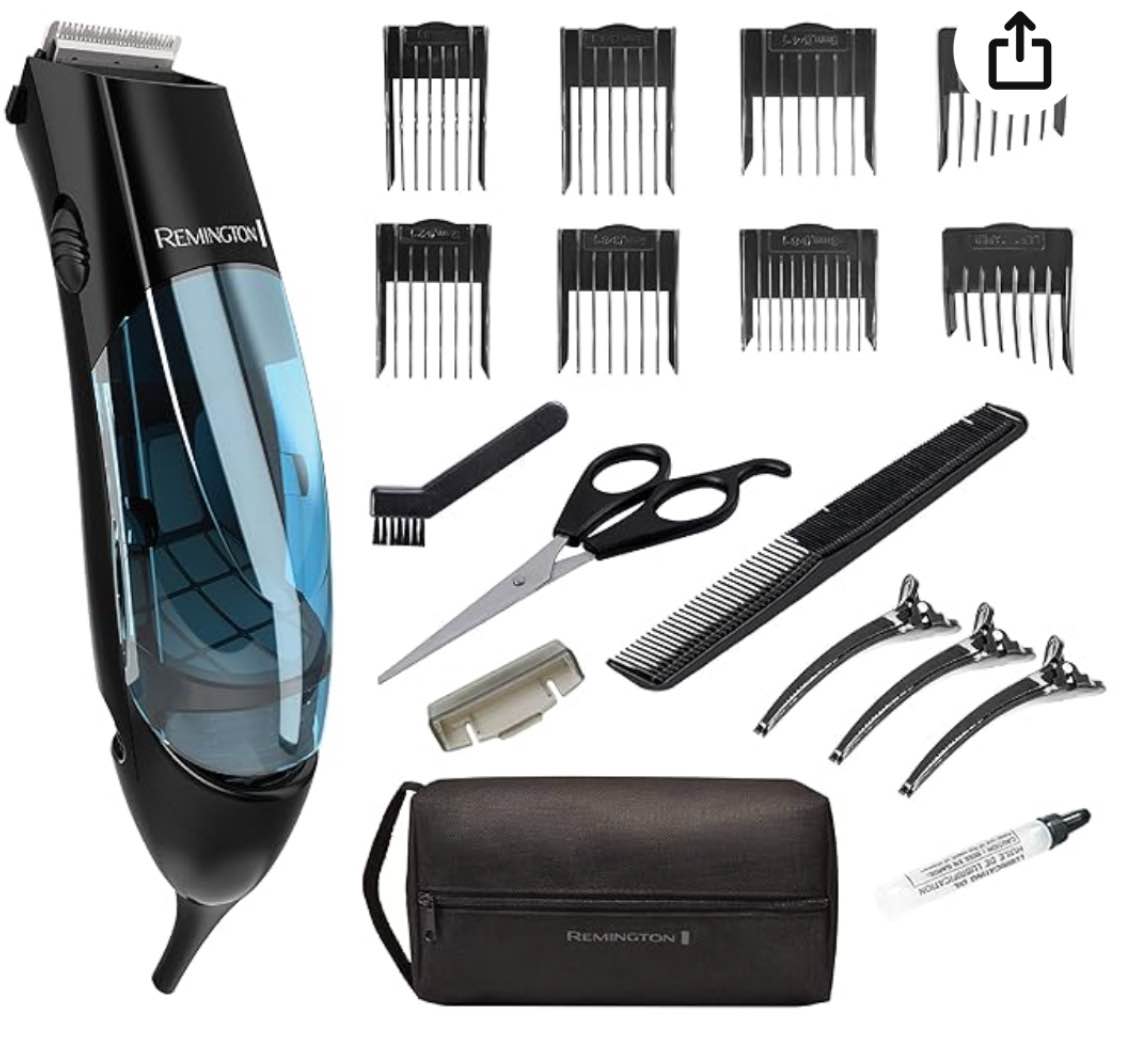Remington Vacuum Haircut Kit, Vacuum Beard Trimmer, Hair Clippers for Men with Removable Hair Chamber and Dual Motor Power (18 pieces)