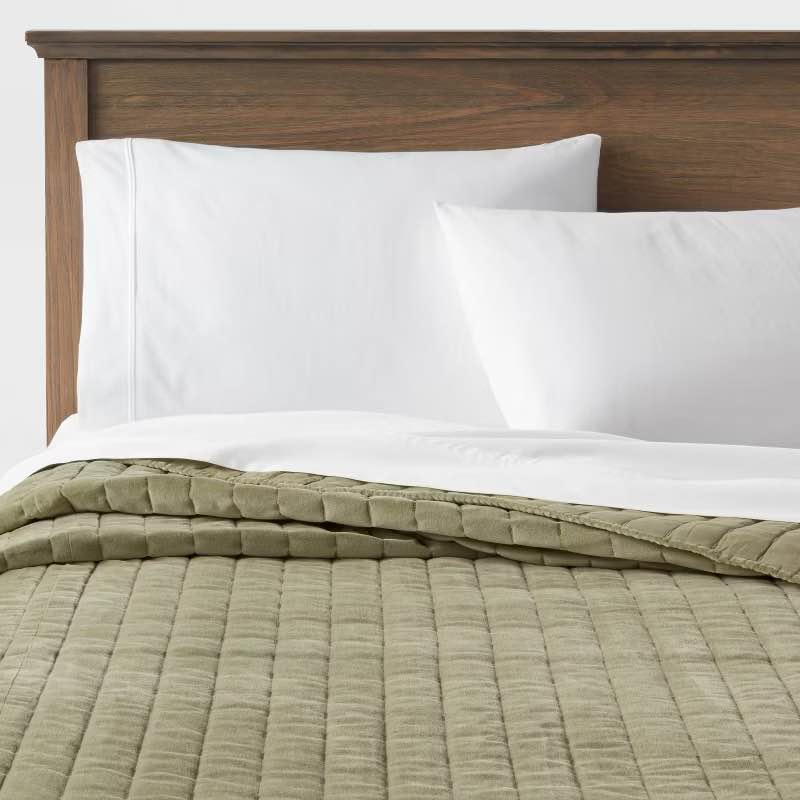 Full/Queen Channel Stitch Velvet Quilt Green - Threshold™: OEKO-TEX Certified, Cotton Backing, Year-Round Comfort