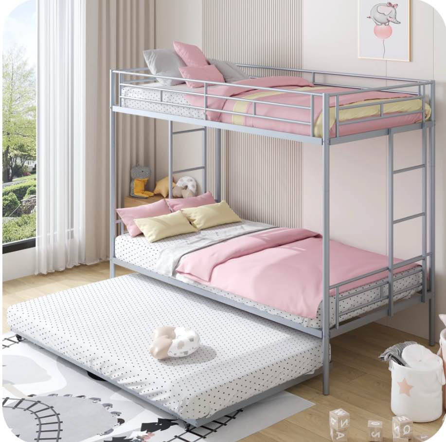 UHOMEPRO Metal Twin Over Twin Bunk Beds with Trundle Bed, Twin Bunk Beds for Kids Adults Teens, Bunk Bed Can Be Divided Into 2 Twin Beds with Trundle, 2 Ladders, No Box Spring Need, Silver