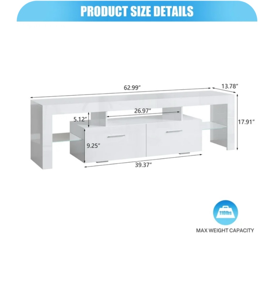 PAPROOS TV Stand for TVs up to 70", High Gloss TV Cabinet with LED Light, Modern TV Console Table with Storage Drawers, Media Television Stand Entertainment Center, White