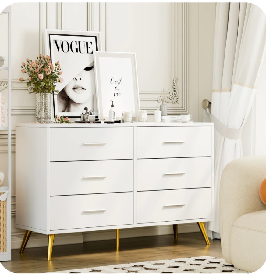 Walsunny 6 Drawer Double Dresser White Wooden Dresser Wide Chest of Drawers with Metal Foot Supprt Storage Organizer Dresser for Bedroom