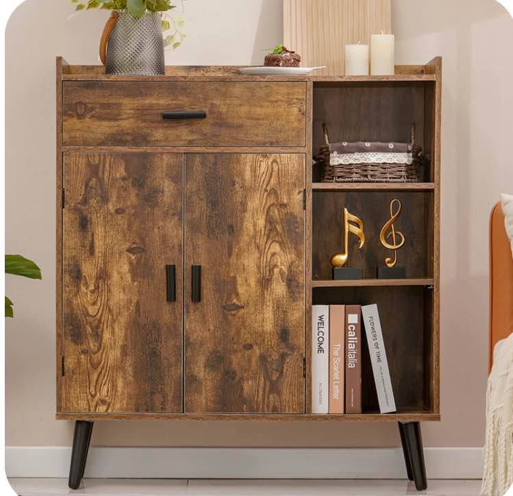 USIKEY Storage Cabinet with 1 Drawer 2 Doors 3 Shelves, Free Standing Cupboard with 4 Legs for Bedroom Home Office, Rustic Brown YSNG014F