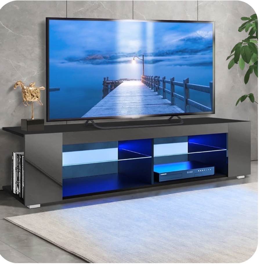 Hommpa TV Stand for TVs up to 65" with Open Glass Shelves Remote LED Light Black Media Console Cabinet Gaming Entertainment Center with Side Bookshelf