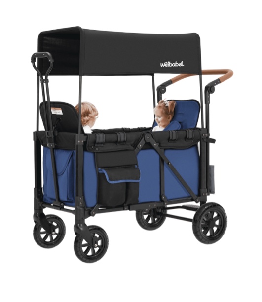 Minikid 2-in-1 Wagon Stroller with Adjustable Canopy, Rain Cover, Mosquito Net, Blue