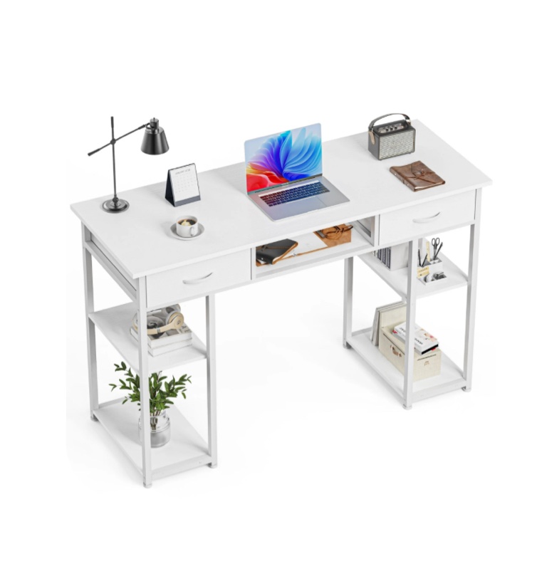 edx Small Desk Fabric Drawers & Storage Shelves, Home Office Computer Desk, Writing Desk Small Space Desk Study Table for Home, Bedroom, 48 Inch, White