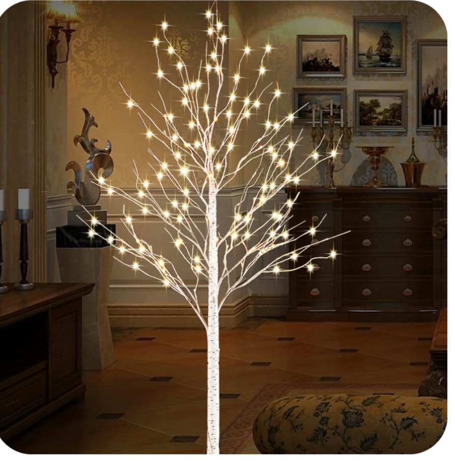 6 FT Birch Tree Light 440 pcs LEDs Warm White 8 Flashing Modes Remote Dimmable Lighted Trees for Home Decor Party Wedding Festival Decoration, etc. (Remote, Base and Plug Included)