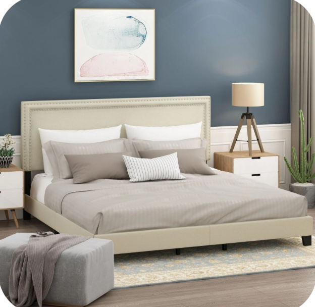 Furinno Laval Double Row Nail Head Bed Frame  12PC Slat Style  Linen  King