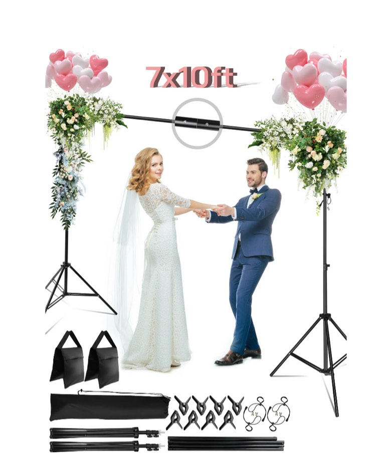 RELOIVE Backdrop Stand, 7ft Height x 10ft Wide Adjustable Photo Backdrop Stand Kit with Carry Bag, 8pcs Clamps, 2pcs Sandbags and 4pcs Elastic String Clips