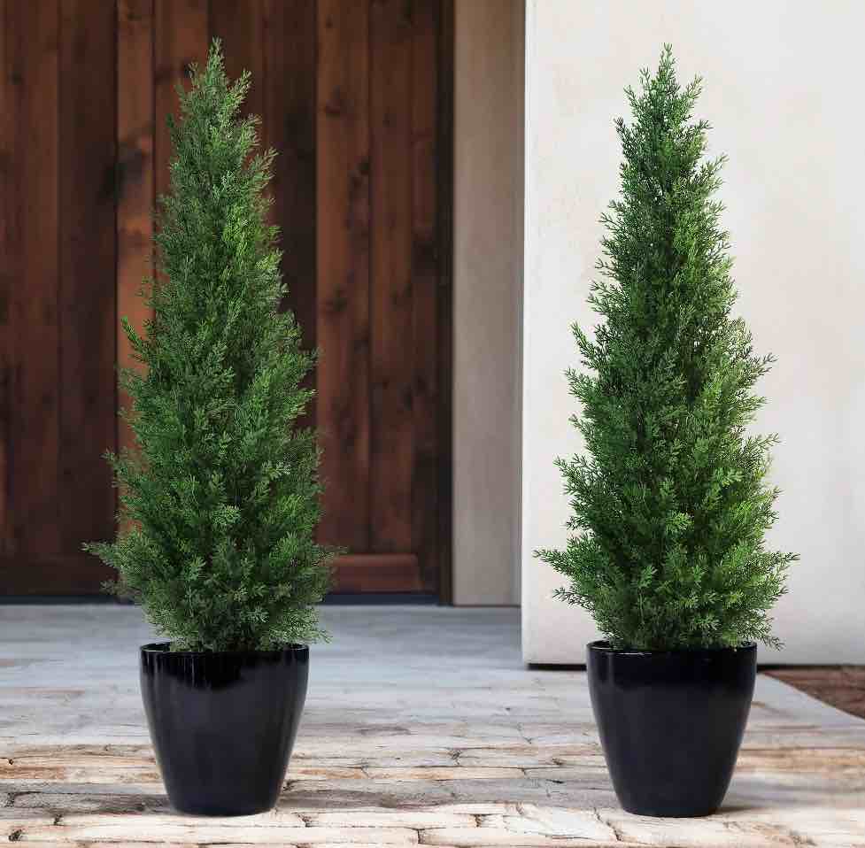 Artificial Cedar Tree 2 Pack 3 ft Outdoor Artificial Topiary Cedar Plants Fake Tree UV Rated Potted Plants for Porch Decor Faux Pine Tree for Perfect Housewarming Gift