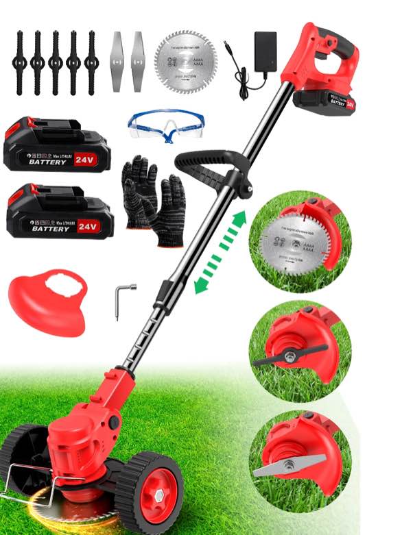 TNTANTS Electric Weed Wacker, Cordless String Trimmer with Wheels, 2Pcs 24V Batteries, 3 Types of Blades, Adjustable Length, Weed Eater Grass Trimmer/Edger/Brush Cutter for Lawn Yard Garden (Red)