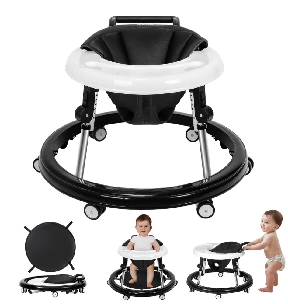 HARPPA Foldable Baby Walker for Babies 6-24 Months, Anti-Rollover, Seat and Height Adjustable, Black