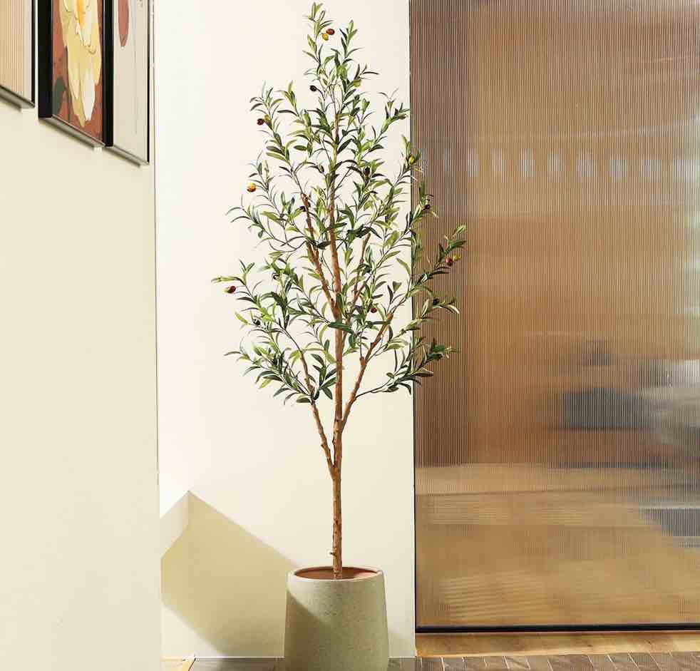DR.Planzen 6 feet Artificial Olive Tree Indoor, Tall Faux Olive Tree in Black Plastic Pot, Artificial Plants with Natural Wood Trunk and Lifelike Fruits for Home Office Decor