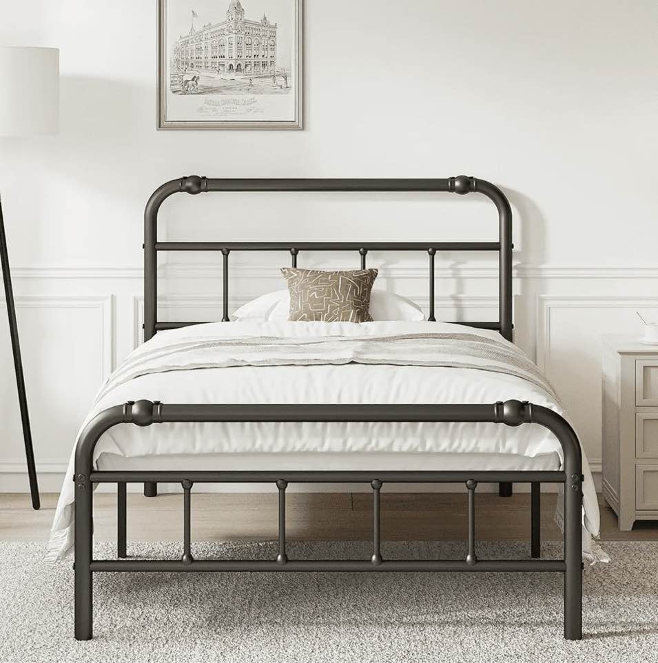 QFTIME Twin Bed Frame with Headboard, Vintage Style, Heavy-Duty Metal Platform Bed Frame with 18" High, Non-Slip and Noise-Free, No Box Spring Needed, Black