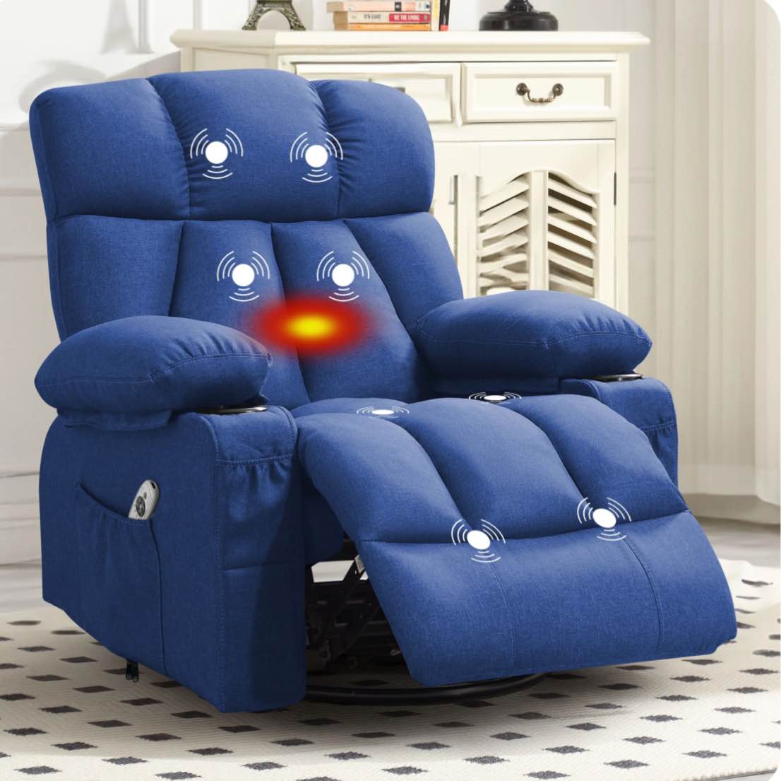 JONPONY Massage Rocker Recliner Chair with Vibration Massage and Heat Ergonomic Lounge Chair for Living Room with Rocking Function and Side Pocket, 2 Cup Holders, USB Charge Port,Blue