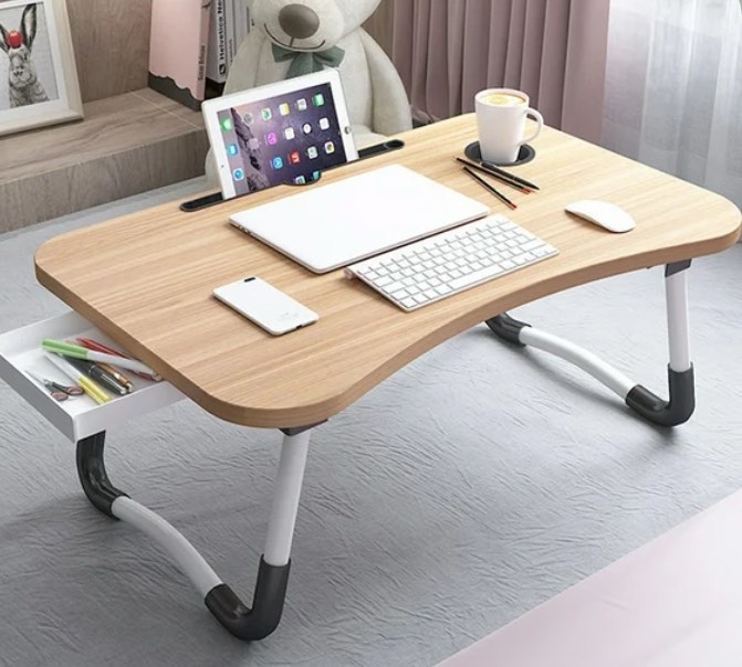 PHANCIR Foldable Lap Desk, 23.6 Inch Portable Wood Laptop Desk Table Workspace Office Organizer Bed Sofa Tray with Slots/Cup Holder/Drawer, Anti-Slip for Reading