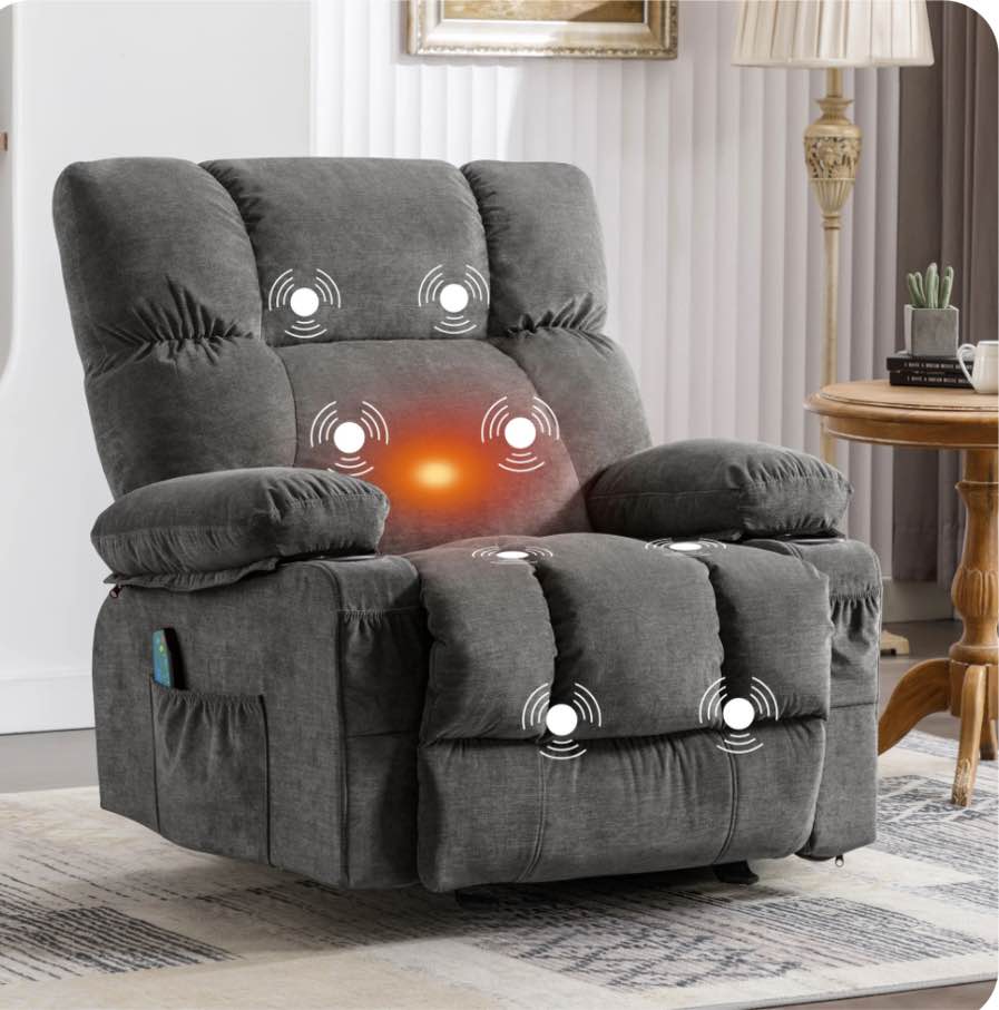 JONPONY Manual Recliner Chair with Heat Therapy and Massage Function, Heavy Duty Reclining Mechanism Massage Chair, Elderly Single Rocker Sofa with Cup Holders for Bedroom Home Theater,Grey