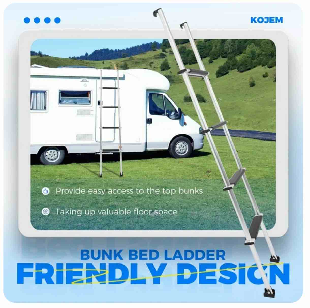 Kojem 60" Bunk Ladder Mount Boarding Ladder with Hook & Rubber Foot Pads 4 Step RV Bunk Ladder Dorm Loft Ladder