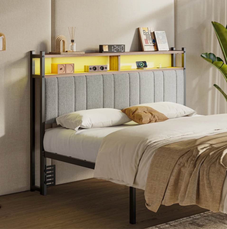 pinmoco headboard for queen size bed with storage, linen upholstered head board with led light and charging station, gray, headboard only