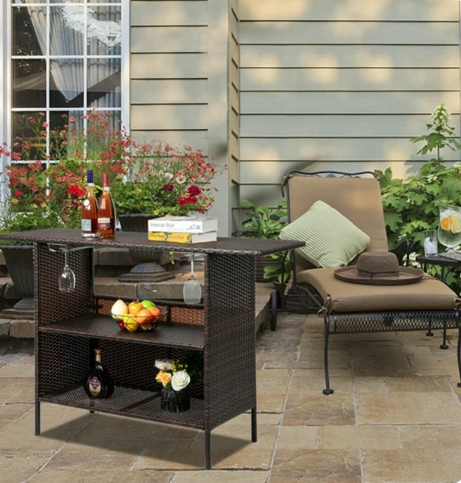 Ktaxon Outdoor Wicker Bar Table,2 Storage Shelves for Beverage, Wicker Counter Table, All Weather Rattan Bistro Conversation Table, Iron Frame, Brown