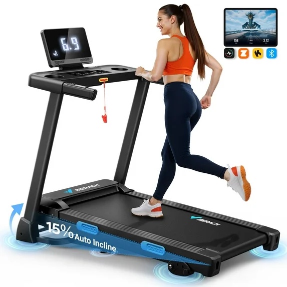 merach folding treadmill with 15% auto incline, fitness treadmill for home with app, 300 lbs capacity